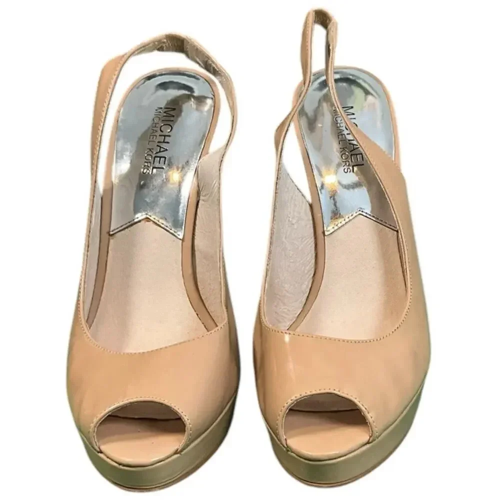 Michael Kors Women's Beige Paten Leather Slingback Peep Toe Heels Size 7.5 Used